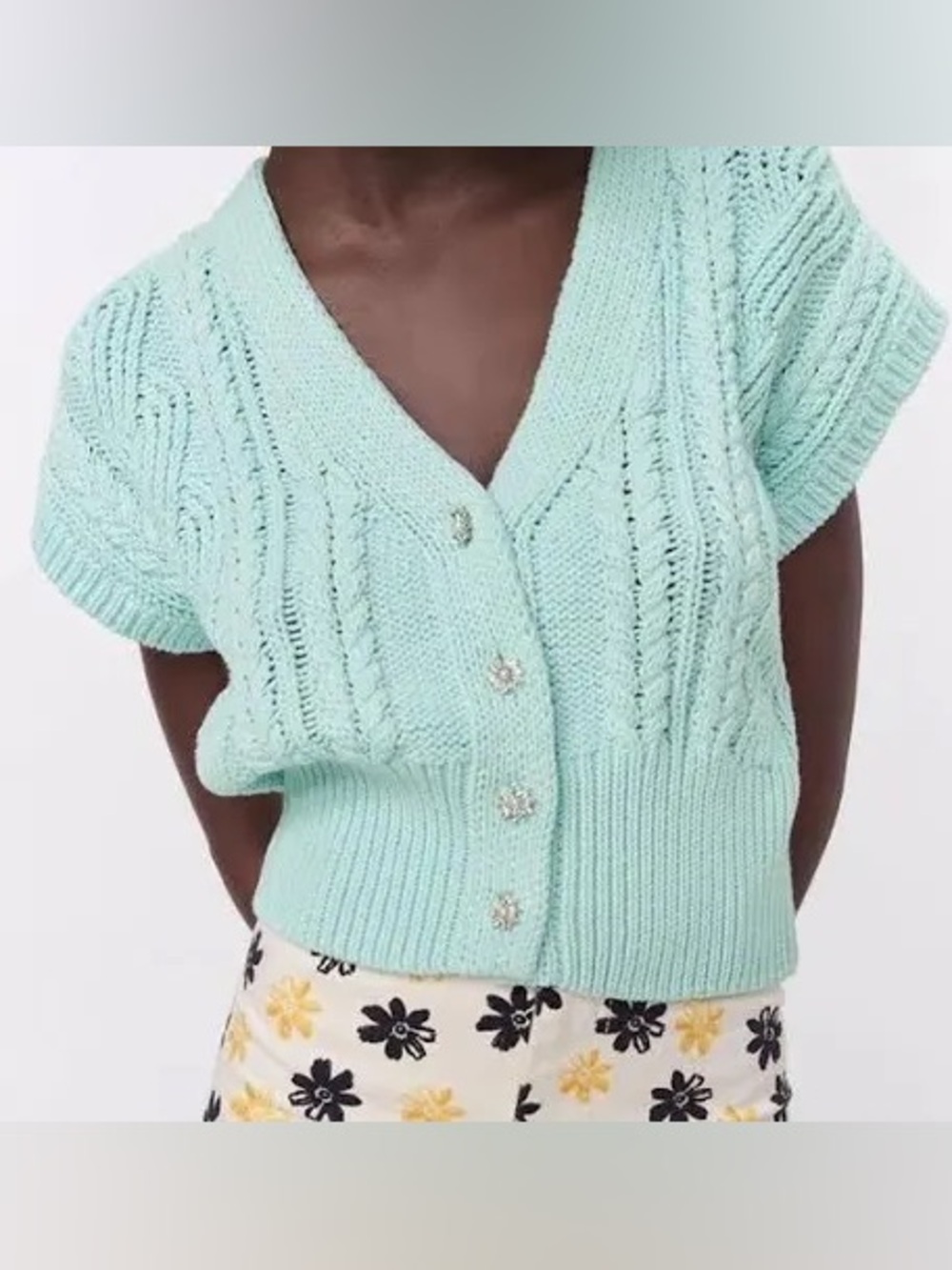Mint Blue Short-Sleeve Cable Knit Cardigan